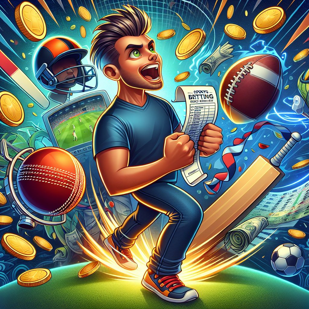 CK44 cartoon sports betting character with ticket slips, cricket ball, football, and coins