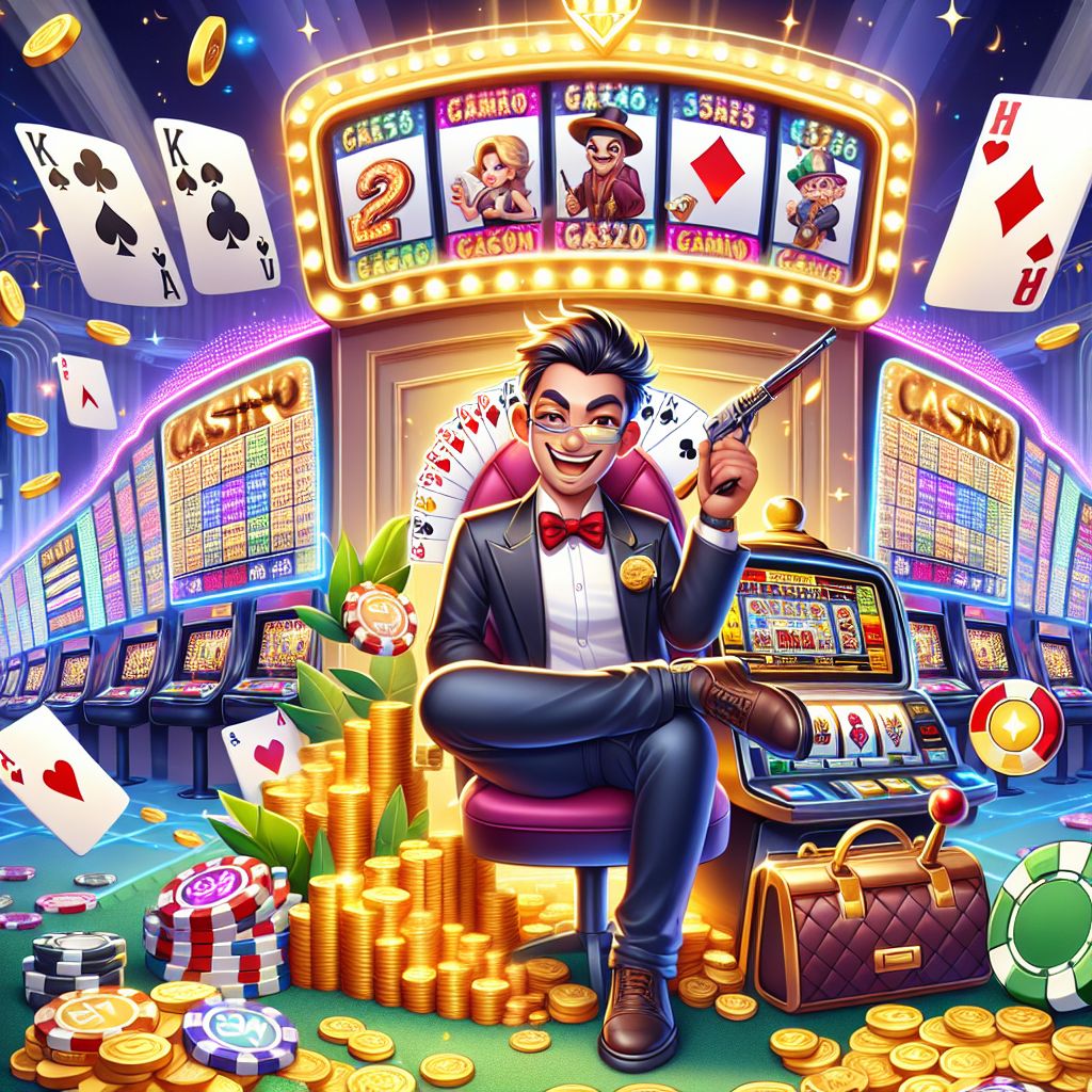 CK44 Casino themed cartoon character with chips, cards, and coins